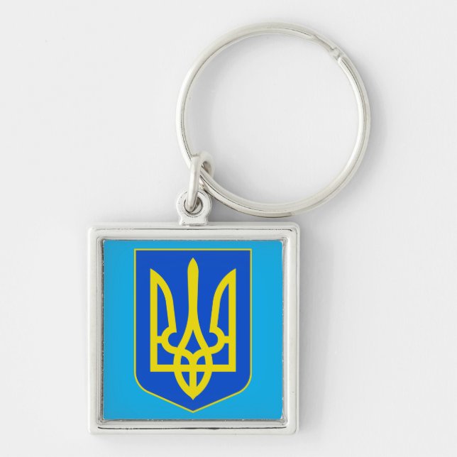 State Emblem of Ukraine Golden Trident Fine Art Fyrkantig Silverfärgad Nyckelring (Framsidan)