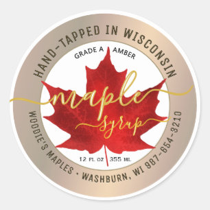 State Namn Finare Font Maple Syrup Red Löv Guld Runt Klistermärke