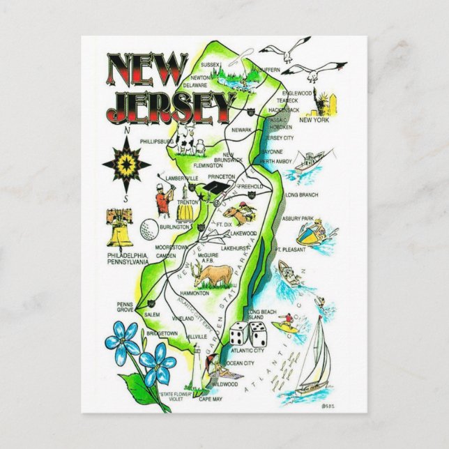 State of New Jersey Illustrated Postcard Vykort (Framsida)
