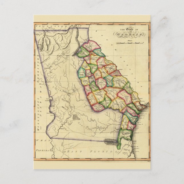 Staten Georgien Karta (cirka 1810) Vykort (Framsida)