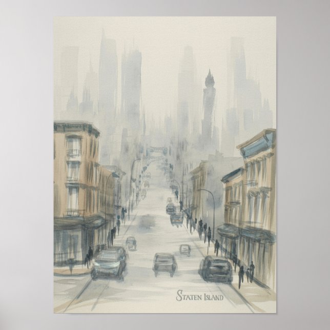 Staten Island Misty Street Akvarell Poster (Framsidan)