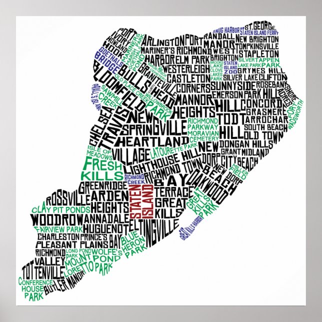 Staten Island Typografiska Karta, New York City Pr Poster (Framsidan)
