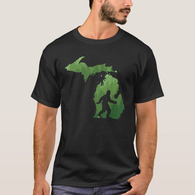 Staten Michigan Karta Bigfoo Funny Sasquatch Gift T Shirt (Framsida)