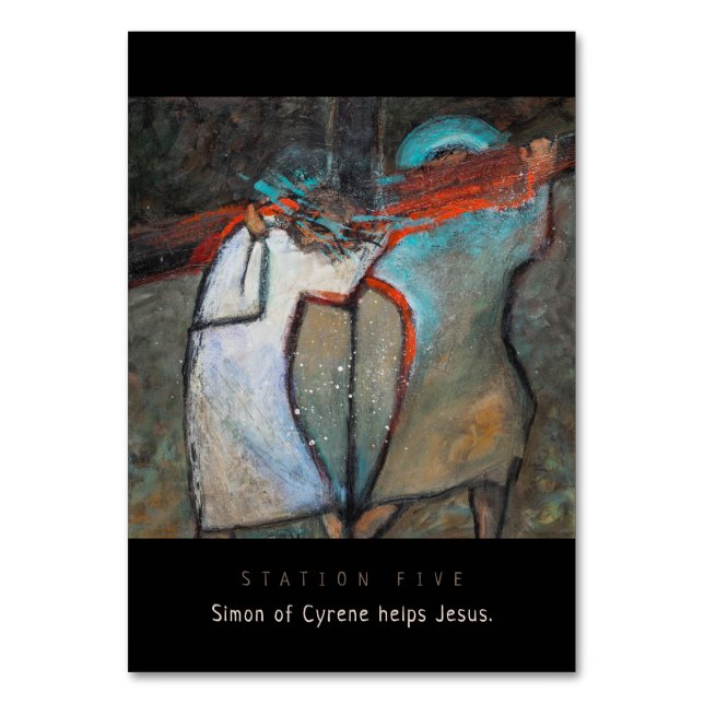 Station Fem, Simon of Cyrene hjälper, Prayer Card Bordsnummer (Framsidan)