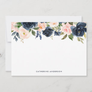 Stationär med marinblå och  vattenfärgsblommor anteckningskort