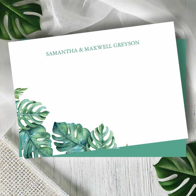 Stationär Personlig för vattenfärg i Greenery Anteckningskort (Palm beach stationery watercolor monstera palm leaves art by Victoria Grigaliunas Do Tell A Belle)