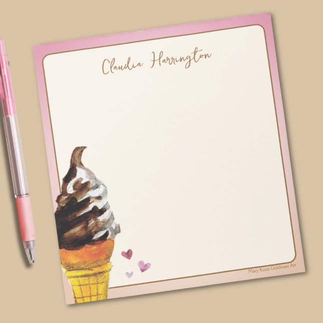 Stationeri för Personlig av vattenfärgsis Cone-con Anteckningsblock (This colorful ice cream notepad features my own vivid watercolor of a chocolate vanilla twist cone.)