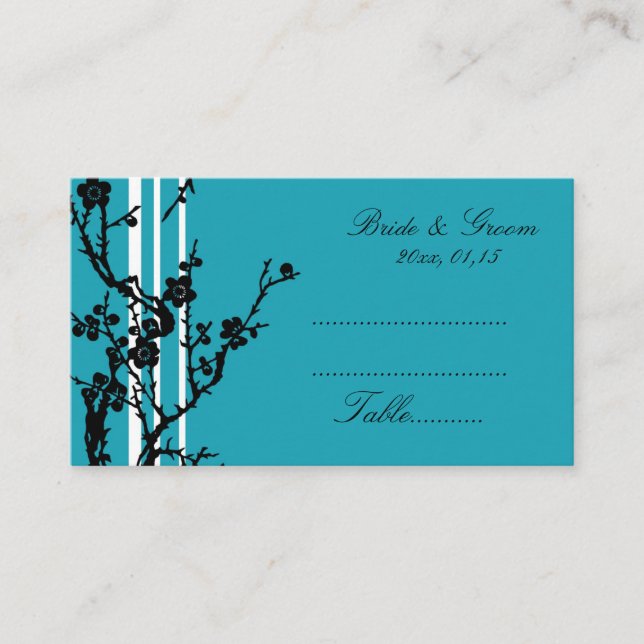 Stationskort för turkos Black Blommigt Bröllop Stä Placeringskort (Framsida)