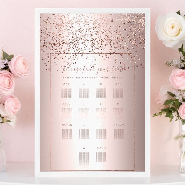 Stationsschema över platserna i Ro guld konetti av Poster (Rose gold confetti metallic wedding seating chart)