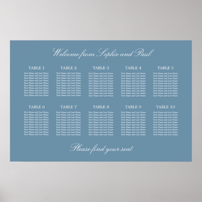 Stationsschemat Dusty Blue 10 Bord Bröllop Poster (Framsidan)