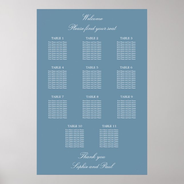 Stationsschemat Dusty Blue 11 Bord Bröllop Poster (Framsidan)