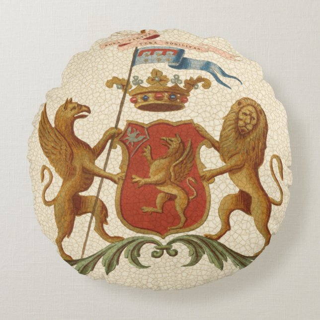 Statiskt Heraldic Badge med Griffin och Lejont Rund Kudde (Framsidan)