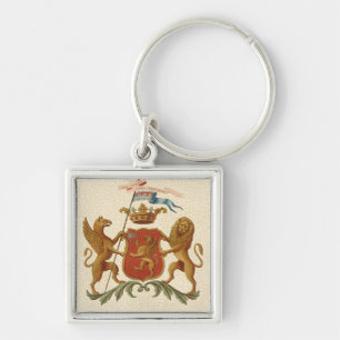 Statiskt heraldiskt badge med Griffin och Lejonare Fyrkantig Silverfärgad Nyckelring