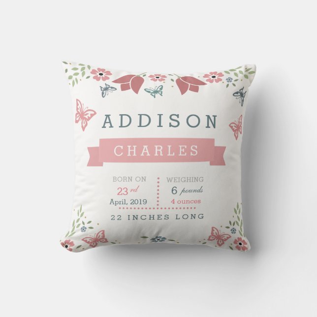 Statistik för babyen för fjärilsblommigtträdgården kudde (Framsida)