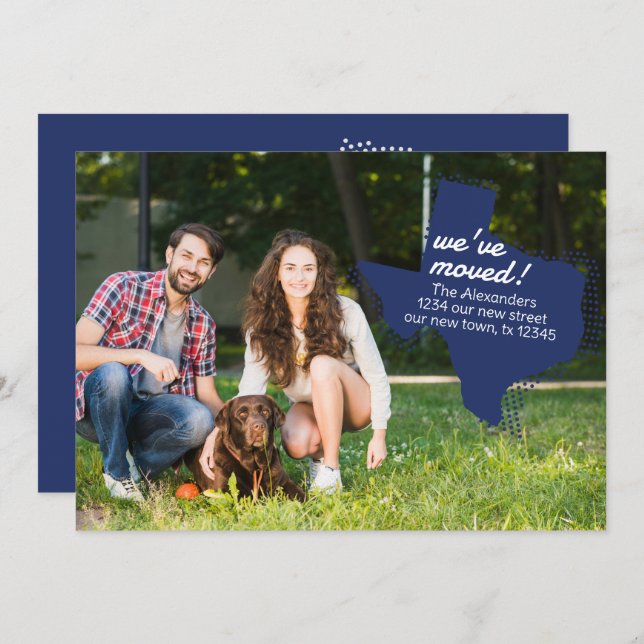 Statlig flagga Blue Vi har flyttat - Flytta i Texa Meddelande (Fram/baksida)