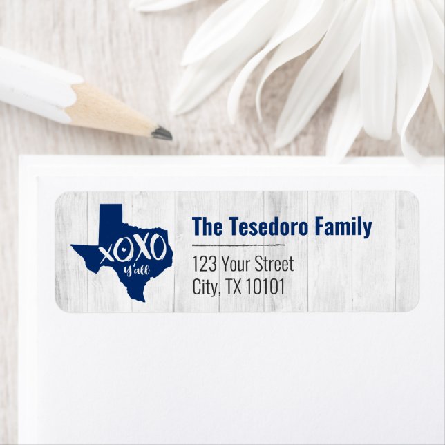 Statlig flagga Blue XOXO, Y - Texas State Shape Returadress Etikett (Insitu)