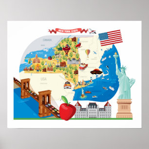 Statlig tecknadkarta av New York Poster