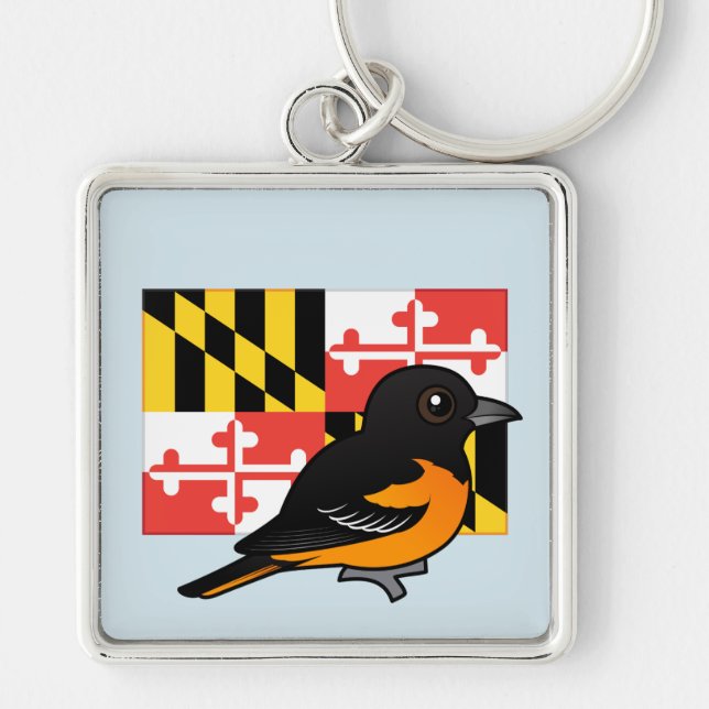 Statliga Birdorable av Maryland: Baltimore Oriole Fyrkantig Silverfärgad Nyckelring (Framsidan)