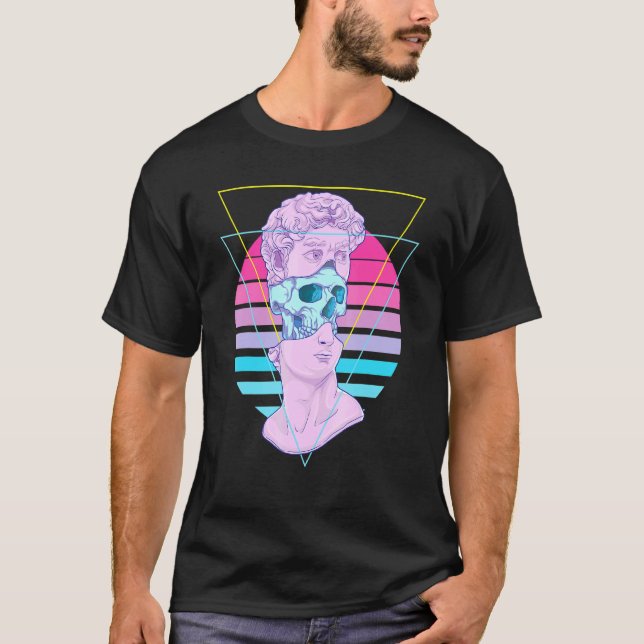 Statue David Bust Glitch Skull 80 s Vaporwave Past T Shirt (Framsida)