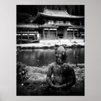 Statue in Front of the Buddhist Temple, Oahu B&W Poster