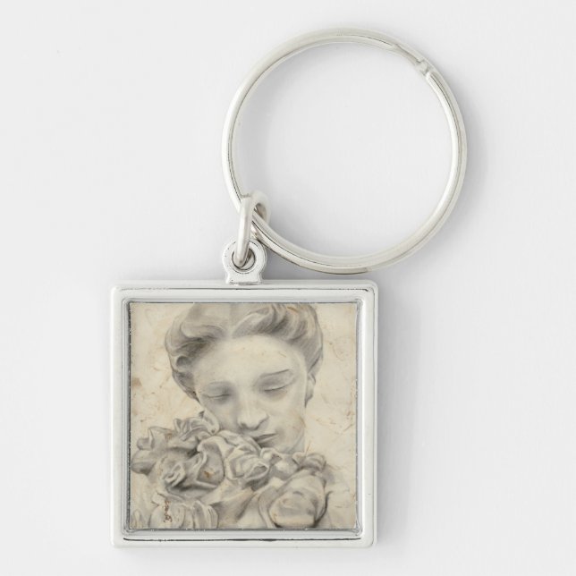 Statue in the Garden I Fyrkantig Silverfärgad Nyckelring (Framsidan)