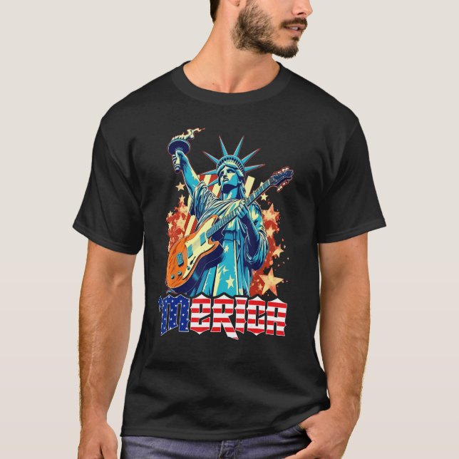 Statue Liberty Spelar Guitar 4 juli Merica U T Shirt (Framsida)