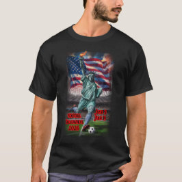 Statue of Liberty plays Soccer on a Black T Shirt