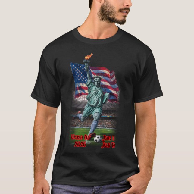Statue of Liberty plays Soccer on a Black T Shirt (Framsida)