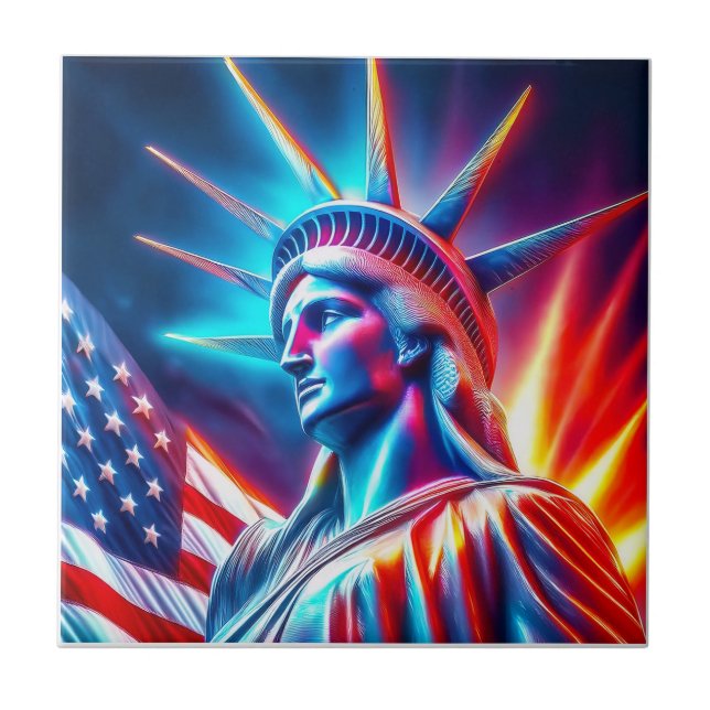  Statue Of Liberty  Red White  Blue With Flag Kakelplatta (Framsidan)