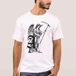 staty av en bevingad ängel som håller en lie t shirt