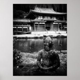 Staty framme av det buddistiska tempelet, Oahu B&W Poster