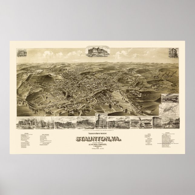 Staunton, VA Panoramic Karta - 1891 Poster (Framsidan)