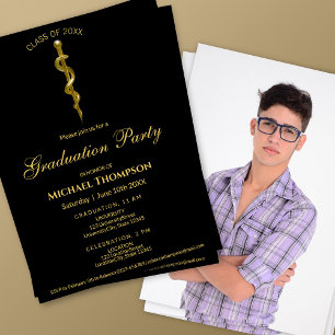 Stav Asclepius Medicinsk Guld Svart Examen Foto Inbjudningar