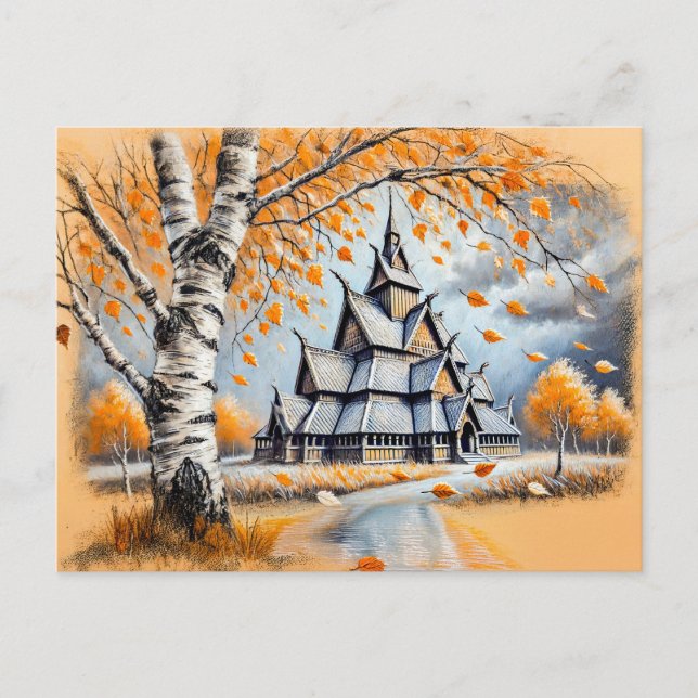 Stave Church i Pastel Chalk Teckning Vykort (Framsida)