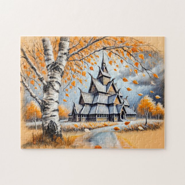 Stavkyrka i pastellkritsteckning pussel (Horisontell)