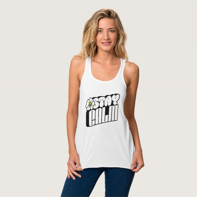 Stay Calm Retro Blomster Typografi Linne Med Racerback (Hel framsida)