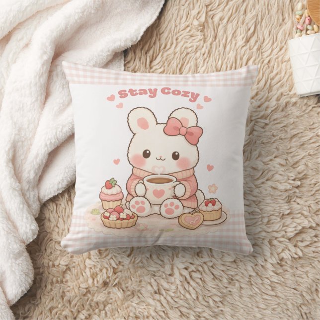 Stay Cozy Cute Bunny Pink Gingham Sweet Home  Kudde (Filt)