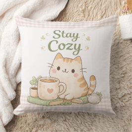 Stay Cozy Cute Kitty Cat Pink Gingham Sweet Home  Kudde