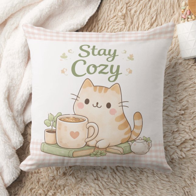 Stay Cozy Cute Kitty Cat Pink Gingham Sweet Home  Kudde (Filt)