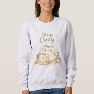 Stay Cozy Kawaii Söt Liten Katt Kaffe Sött T Shirt