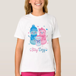 Stay Cozy Snömannafamilj Rosa Blå Båge Söt Jul T Shirt