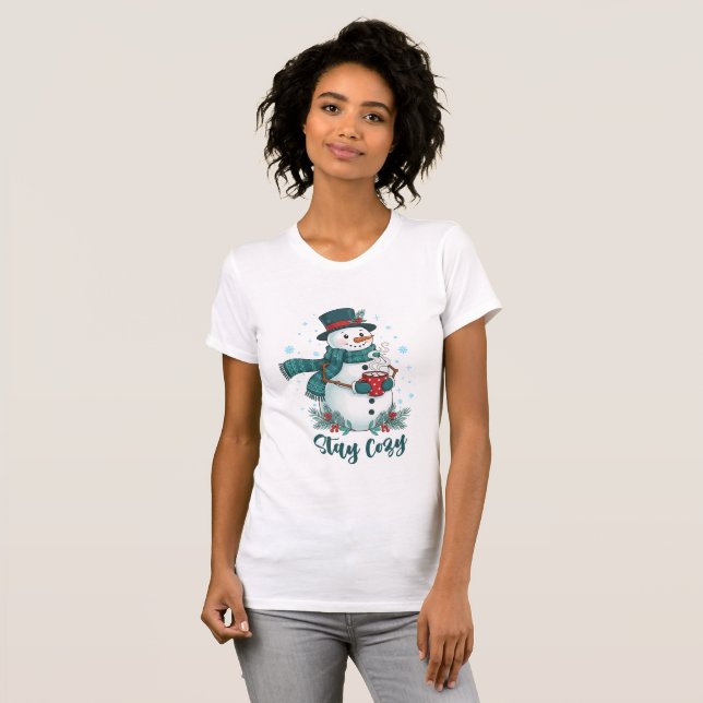 Stay Cozy Winter Snowman With Hot Cocoa T Shirt (Hel framsida)