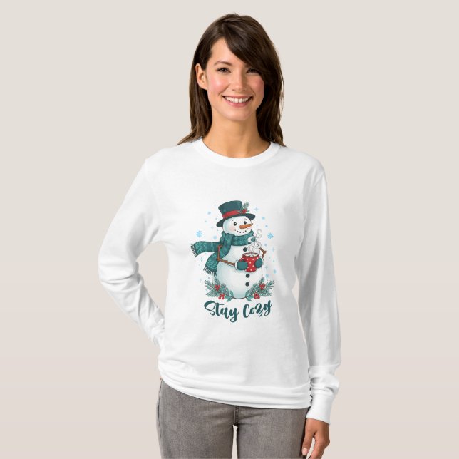 Stay Cozy Winter Snowman With Hot Cocoa T Shirt (Hel framsida)