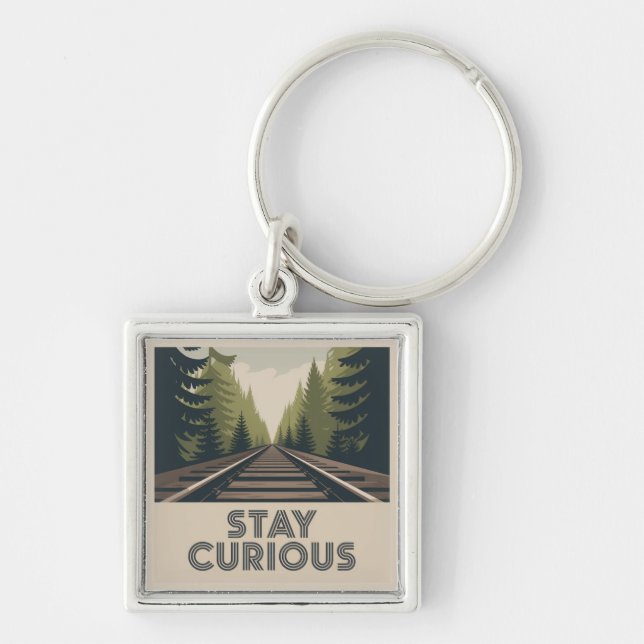 Stay Curious Fyrkantig Silverfärgad Nyckelring (Framsidan)