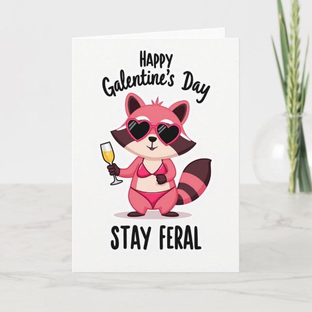 Stay Feral Galentines Raccoon Card Kort (Framsida)