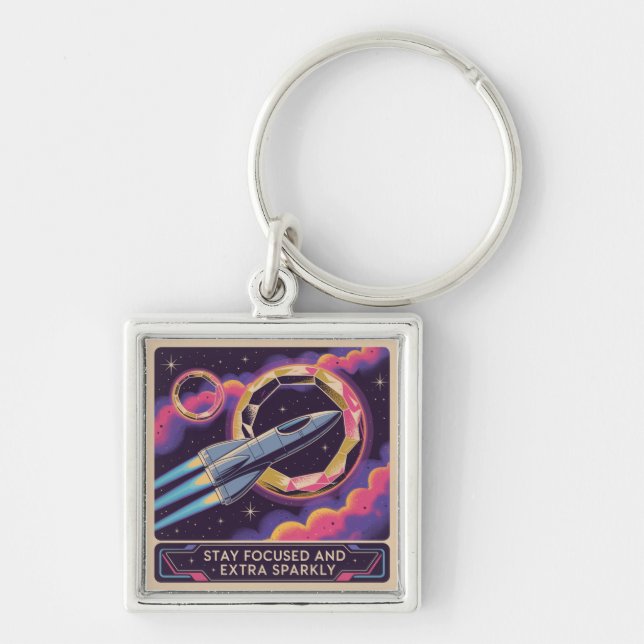 Stay Focused And Extra Sparkly Fyrkantig Silverfärgad Nyckelring (Framsidan)