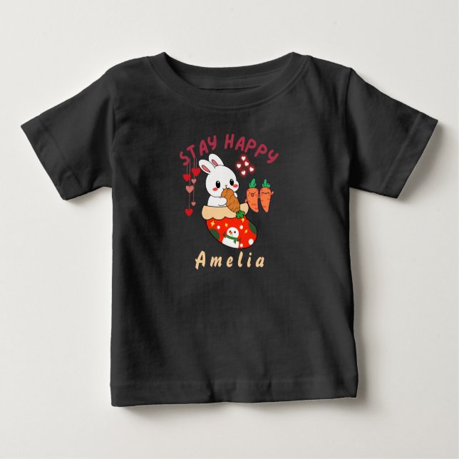 Stay Happy Bunny Amelia Custom Name T Shirt (Framsida)