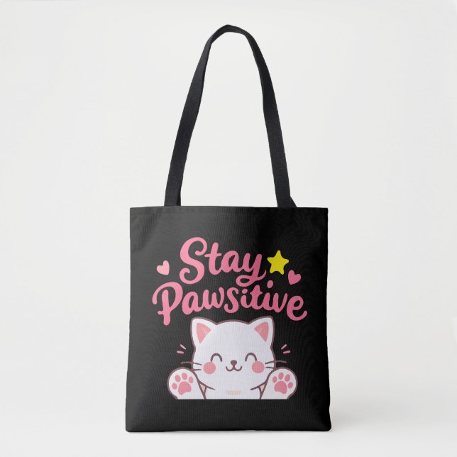 Stay Pawsitive – Cute Cat Motivational Quote Desig Tygkasse (Framsida)
