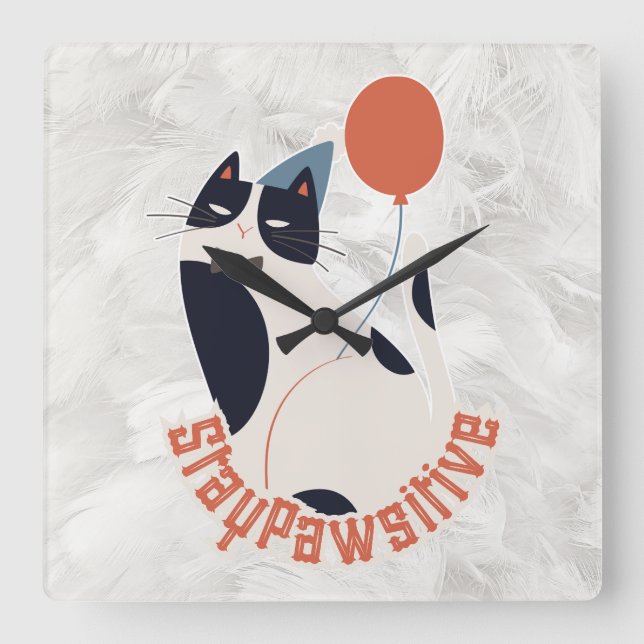 Stay Pawsitive | Dapper Tuxedo Cat Whimsical Acryl Fyrkantig Klocka (Framsida)