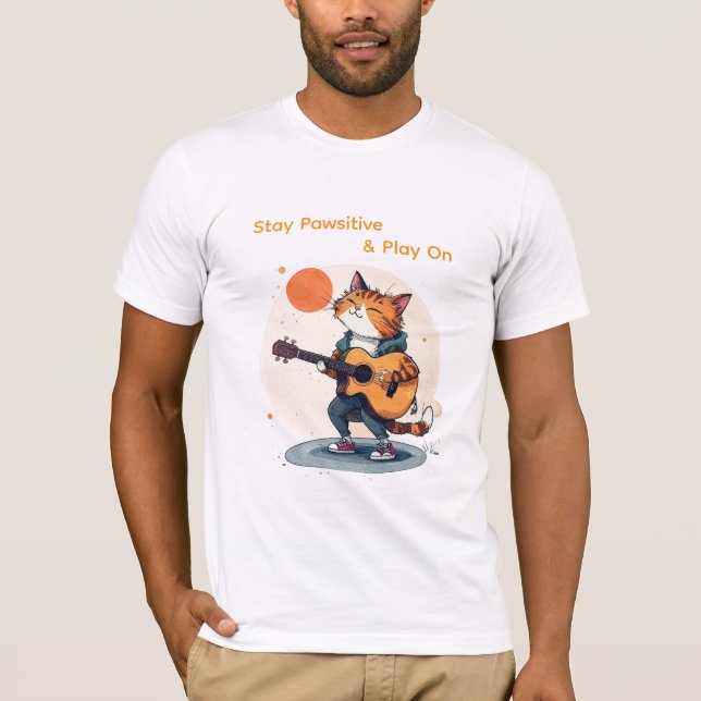 Stay Pawsitive Guitar Cat T-Shirt (Framsida)